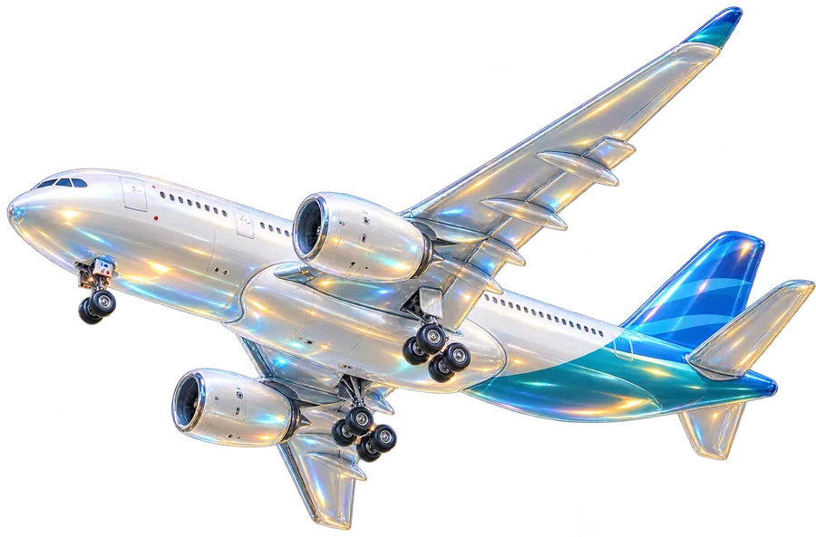 A pearly, iridescent airplane