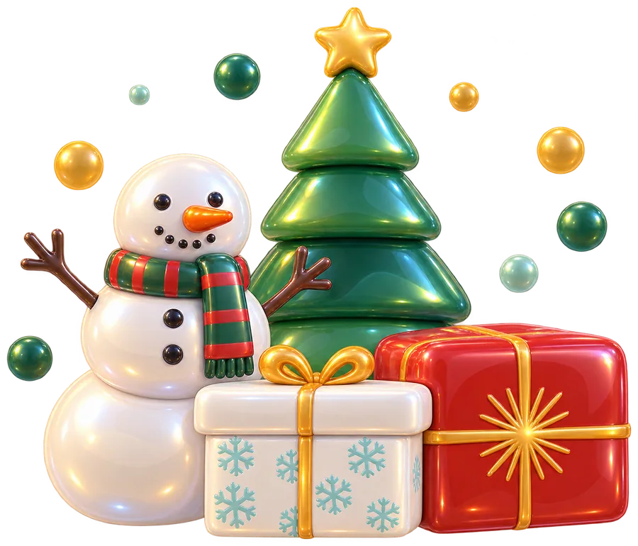 A glossy snowman, Christmas tree and presents