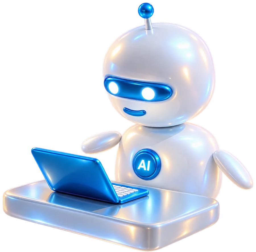 A glossy AI robot working on a laptop