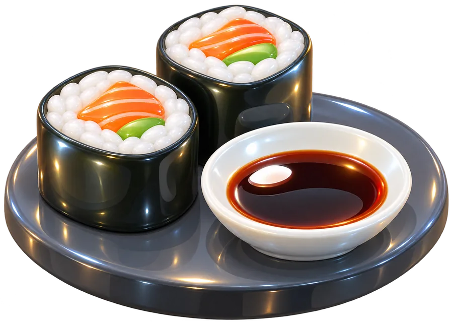 Glossy sushi rolls with soy sauce